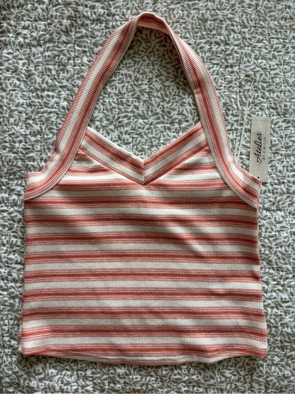 Women's Orange & White Striped Rib Halter Tank Top